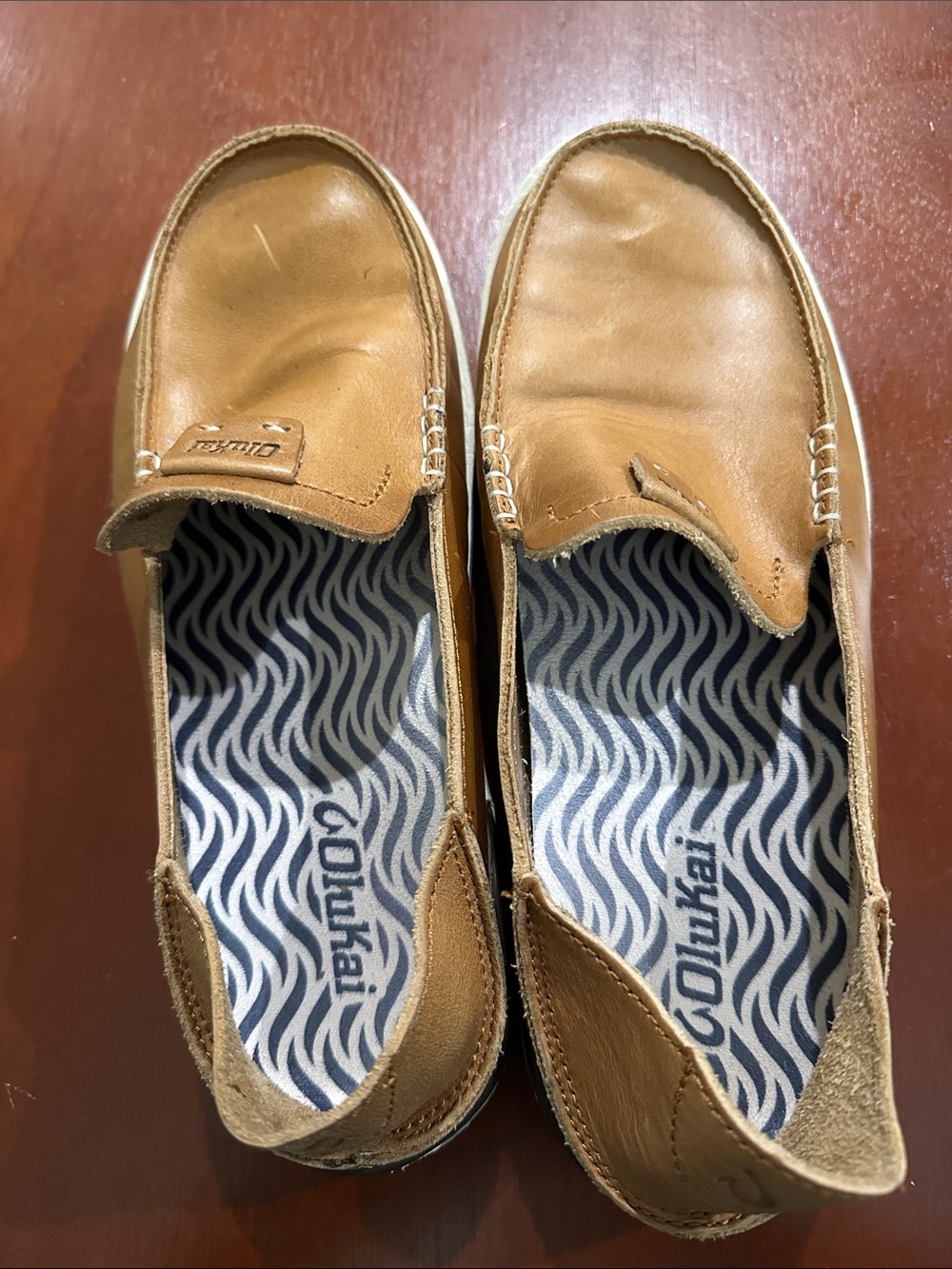 OluKai Men's Tan Leather Slip-On Boat Shoes